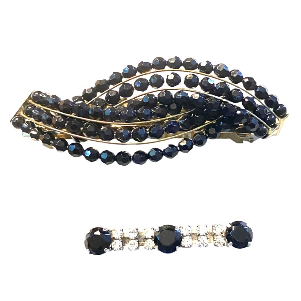Vintage Style Beaded Black Barrette Duo